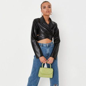Black faux leather wrap around cropped blazer